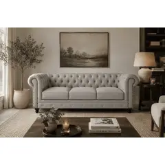 LJ HOME - Sofá 3 puestos Chesterfield Tela Capitoneado Chester Premium Gris 2 Metros