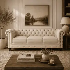 LJ HOME - Sofá 3 puestos Chesterfield Tela Capitoneado Chester Premium Beige 2 Metros