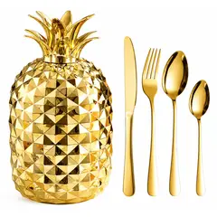 GENERICO - Juego De Cubiertos En Acero X 24 Piezas Diseño Piña Premium Oro Dorado