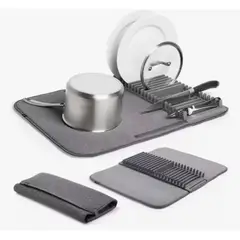 GENERICO - Escurridor de Platos Plegable con Tapete Absorbente en Microfibra y Rack Plástico Organizador - Gris