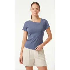 BELIFE - Camiseta cuello asimétrica azul medieval para mujer