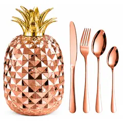 GENERICO - Cubiertos X24 Unidades Material De Acero En Estuche En Forma de Piña Decorativo Oro Rosa