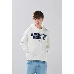 KOAJ - Buzo con capota crema claro oversize y diseño college Hombre