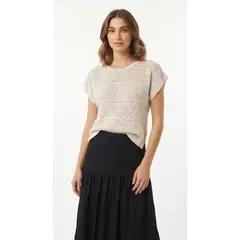 BELIFE - Camiseta manga sisa tejido crochet crudo para mujer