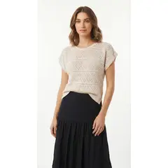 BELIFE - Camiseta manga sisa tejido crochet crudo para mujer
