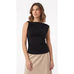 BELIFE - Blusa negra manga sisa con escote drapeado para mujer