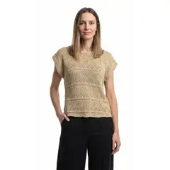 BELIFE - Camiseta manga sisa tejido crochet café para mujer