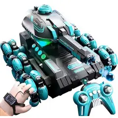 GENER - Carro Tanque Acrobático a Control Remoto y Control por Gestos de Reloj - Verde Aqua- Lanza balas de hidrógeno