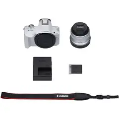 CANON - Cámara EOS R50 Mirrorless Blanca con lente 18-45mm + Memoria 64Gb de 100Mbs + Bolso