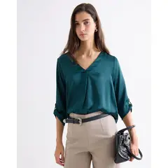 SEVEN SEVEN - Blusa Satin Escote En V Para Mujer Verde