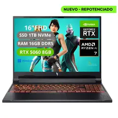 ACER - PORTATIL GAMER NITRO - RYZEN AI 7 350 - RAM 16GB - SSD 1TB - RTX 5060 8GB