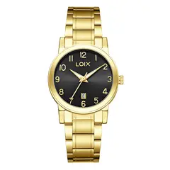LOIX - Reloj Dama Original Acero Dorado Cuarzo Lujo Resistente Negro Calendario Analogo LA1147G-1