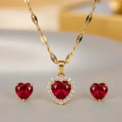 STAINLESS STEEL - COLLAR Y ARETES DE CORAZON ROJO RUBI EN ACERO CON CIRCON BLANCO