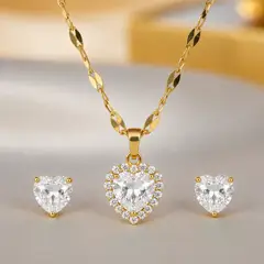 STAINLESS STEEL - COLLAR Y ARETES DE CORAZON EN ACERO CON CIRCON BLANCO