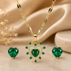 STAINLESS STEEL - COLLAR Y ARETES DE CORAZON VERDE ESMERALDA MANDALA EN ACERO CON CIRCON BLANCO
