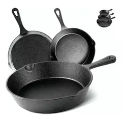 U BUY - Set de 3 Sartenes de Hierro Fundido Curado Antiadherente