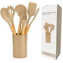 GENERICO - Set De Utensilios De Cocina x12 Silicona y Madera 23-32cm - Kit Profesional Antiadherente