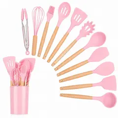 GENERICO - Set X12 Utensilios de Cocina en Silicona Resistente Al Calor Rosado