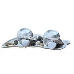GENERICO - Centro de mesa decorativo portavelas base hoja gris 32x14 cm