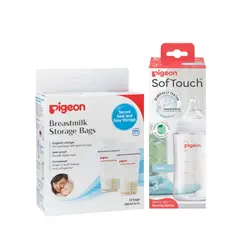 PIGEON - Set Bolsas de Almacenamiento de Leche Materna + Tetero Vidrio SofTouch 8oz