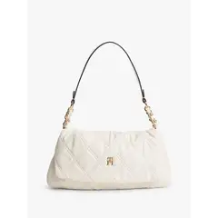 TOMMY HILFIGER - Bolso beige de hombro acolchado con monograma TH