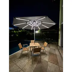 GENERICO - Sombrilla hidraulica de 2.70 de diametro CON LUZ LED Y POWER BANK , en aluminio y lona tipo tela 100% impermeable