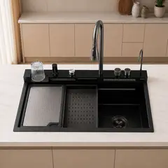PAMO - Lavaplatos inteligente negro 75 × 46 cm en acero inoxidable 304 con grifería multifunción y accesorios móviles
