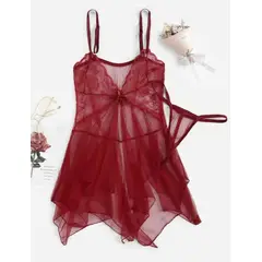 GENERICO - Conjunto Lencería Sexy Babydoll Malla y Encaje Vino M L