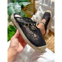 HACHE SHOES - Sandalia Sueca Correa Bordado Negro Yute Artesanal Dama