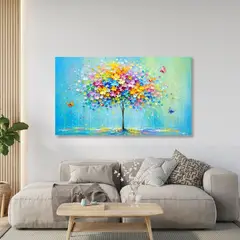 GENERICO - Cuadro decorativo árbol de flores de colores con mariposas 120x70 cm