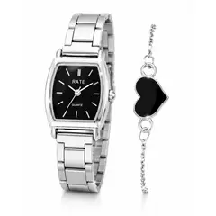 GENERICO - Elegante Conjunto Reloj de Cuarzo Minimalista Mujer Acero + Pulsera Corazon - Plata