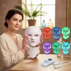 GENERICO - Máscara Facial LED 7 Colores Con Cuellera Terapia De Luz Rejuvenecimiento Facial 20,5x23 cm