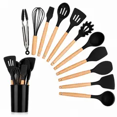 HOMMI - Kit X12 Utensilios de Cocina en Silicona Resistente Al Calor en Madera Color Negro