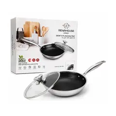 RENAHOUSE - Sartén Wok Antiadherente 20 cm con Tapa de Vidrio – Acero Inoxidable
