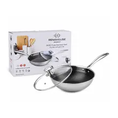 RENAHOUSE - Sartén Tipo Wok de Acero Inoxidable 24 cm con Tapa de Vidrio