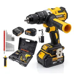 ENUM - Taladro Inalámbrico 21V Brushless + Empuñadura Auxiliar, 2 Baterías 4Ah + Kit de Accesorios