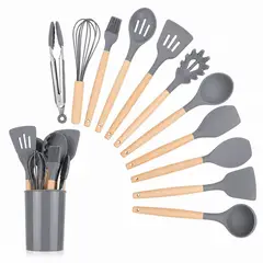HOMMI - Kit X12 Utensilios de Cocina en Silicona Resistente Al Calor en Silicona,Madera Color Gris