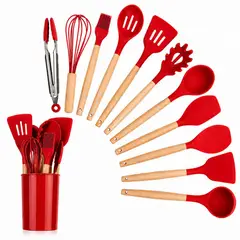 HOMMI - Kit X12 Utensilios de Cocina en Silicona Resistente Al Calor en Silicona,Madera Color Rojo
