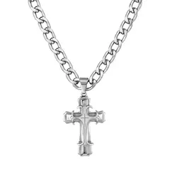 DELUXE - Collar Cadena Con Dije De Cruz Plateado En Acero Inoxidable Para Hombre + Caja
