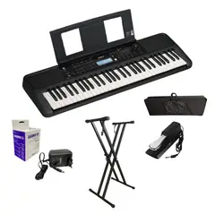 YAMAHA - Combo Teclado Piano PSR-E383 61 Teclas Sensibles Base, Estuche, Atril, Pedal, USB y Adaptador