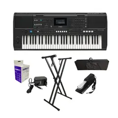 YAMAHA - Combo Teclado Piano PSR-E483 61T Sensibles con Base, Estuche, Atril, Pedal y Adaptador