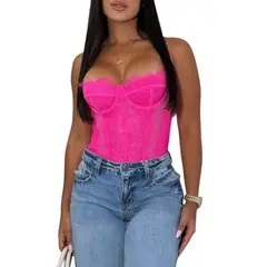 VIA7 - Body Corset de Encaje Fucsia Estilo Strapless