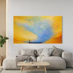 GENERICO - Cuadro decorativo bote con flores azules fondo amarillo 100x70 cm