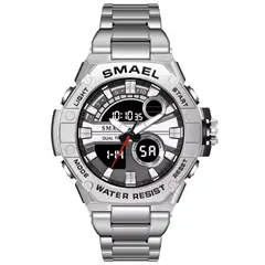 SMAEL - RELOJ ORIGINAL ACERO DOBLE HORA 8090 SUMERGIBLE PLATEADO