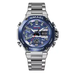 SMAEL - RELOJ ORIGINAL ACERO DOBLE HORA 8097 SUMERGIBLE PLATEADO AZUL