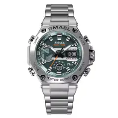 SMAEL - RELOJ ORIGINAL ACERO DOBLE HORA 8097 SUMERGIBLE PLATEADO VERDE