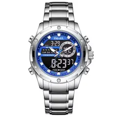 SMAEL - RELOJ ORIGINAL ACERO DOBLE HORA 6050 SUMERGIBLE PLATEADO AZUL