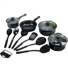 WAER - Juego De Ollas Con Tapa Vidrio Esmaltada + Utensilios 13 Piezas Libre BPA