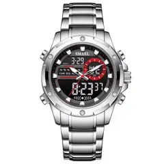 SMAEL - RELOJ ORIGINAL ACERO DOBLE HORA 6050 SUMERGIBLE PLATEADO ROJO