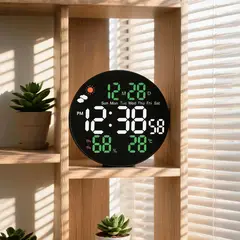 POLASUP - Reloj Digital LED Redondo Grande con Calendario Temperatura Alarma Control Remoto Pared Mesa